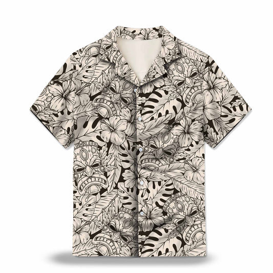 Tiki Mask in Black and Ivory Custom Hawaiian Shirt. Featuring a traditional Tiki mask design in black and ivory tones, perfect for a tropical island vibe.