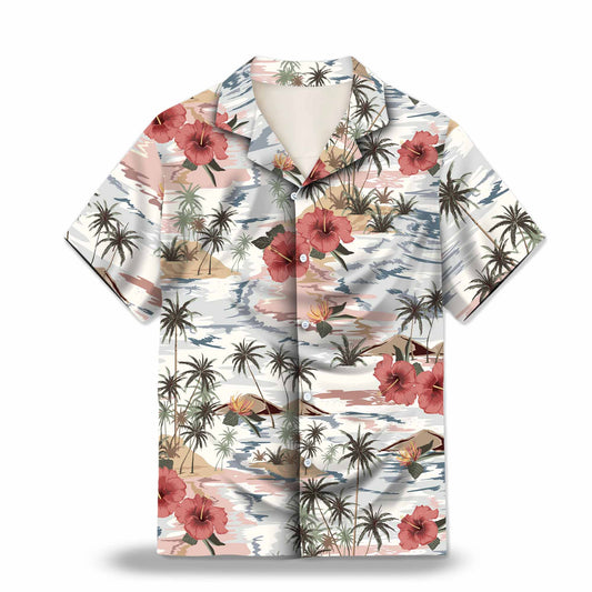 Vintage Island Palm Trees Hibiscus Flowers Custom Hawaiian Shirt. Tropical paradise design with palm trees and hibiscus flowers in vibrant colors. Perfect for a summer getaway.