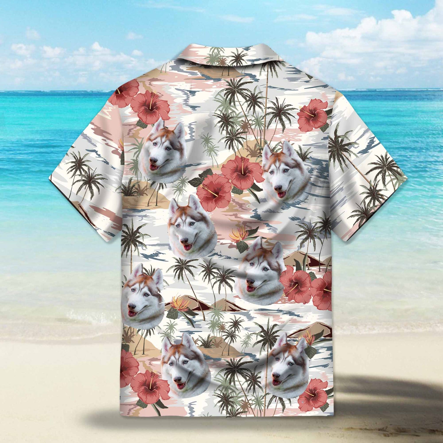 Vintage Island Palm Trees Hibiscus Flowers Custom Hawaiian Shirt. Tropical paradise design with palm trees and hibiscus flowers in vibrant colors. Perfect for a summer getaway.