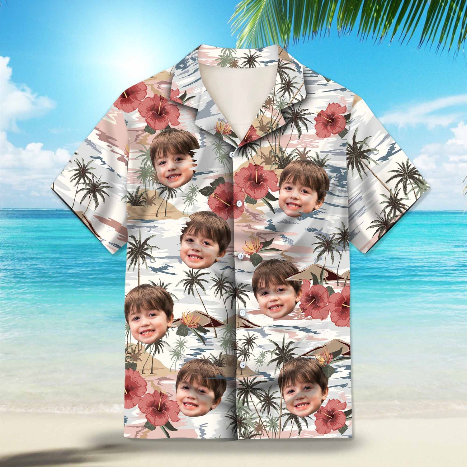 Vintage Island Palm Trees Hibiscus Flowers Custom Hawaiian Shirt. Tropical paradise design with palm trees and hibiscus flowers in vibrant colors. Perfect for a summer getaway.