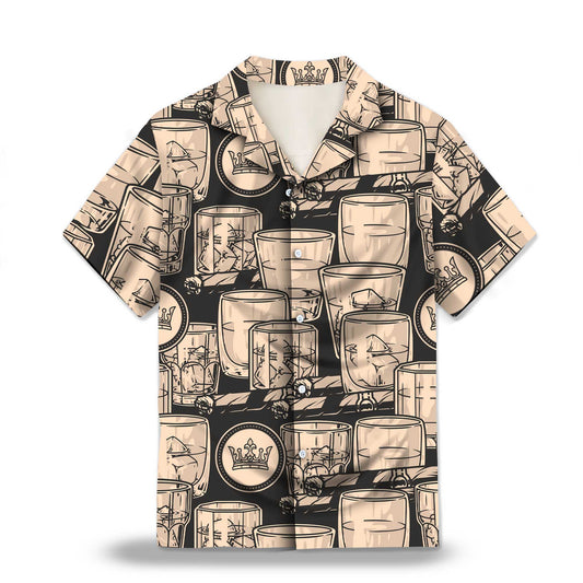 Whiskey Booze in Black and Antique Ivory Custom Hawaiian Shirt. Featuring elegant whiskey and cigar-themed designs in a monochrome color palette, perfect for a vintage and sophisticated look.
