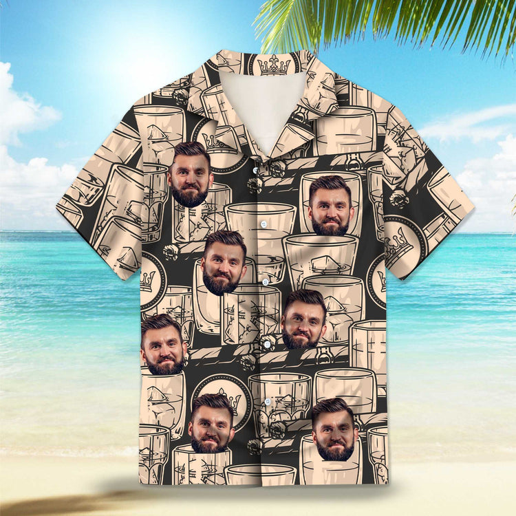 Whiskey Booze in Black and Antique Ivory Custom Hawaiian Shirt. Featuring elegant whiskey and cigar-themed designs in a monochrome color palette, perfect for a vintage and sophisticated look.