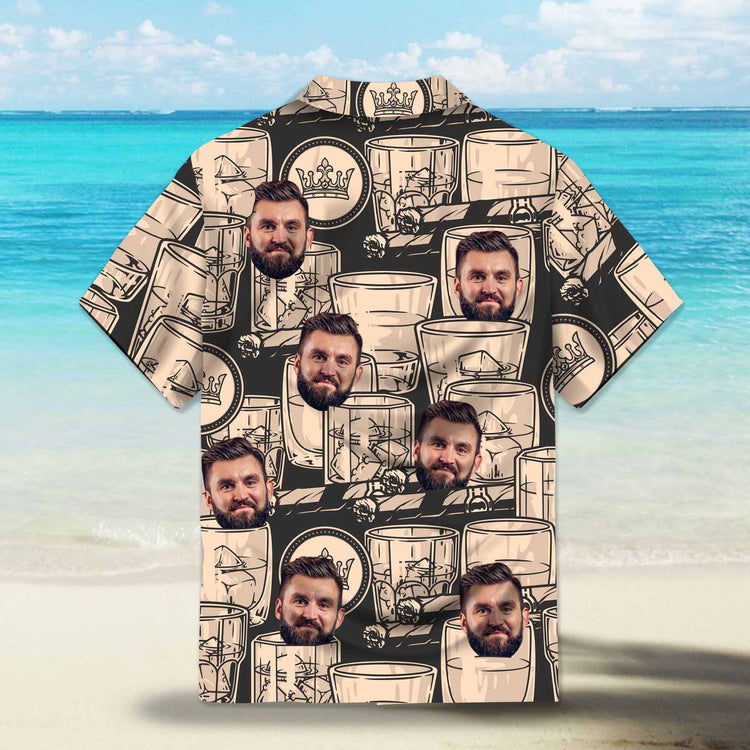 Whiskey Booze in Black and Antique Ivory Custom Hawaiian Shirt. Featuring elegant whiskey and cigar-themed designs in a monochrome color palette, perfect for a vintage and sophisticated look.